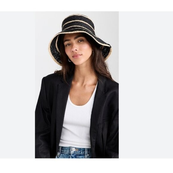 RAG & BONE Jade raffia rollable packable women's bucket hat -Black/Tan-Small/Med - Picture 1 of 10